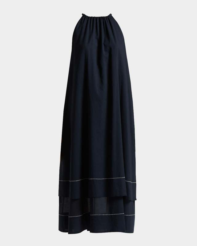 Tiered Chain-Trim Halter Midi Dress